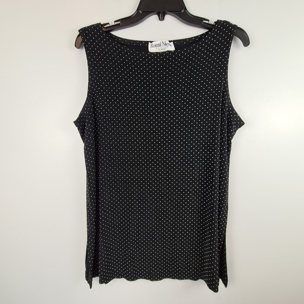 Ronni Nicole Black White Polka Dot Sleeveless Stretch Tunic Top 14P Slinky Work